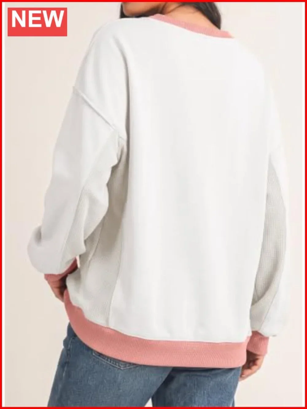 Waffle Knit Color Block Oversized Sweatshirt Crew Neck Pullover